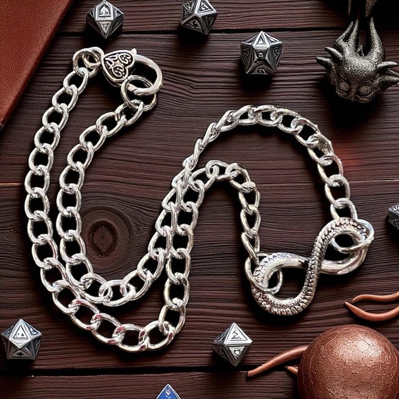 Dragons Tail SilverToned Infinity Symbol Pendant Necklace DND Inspired 19” - Picture 8 of 17